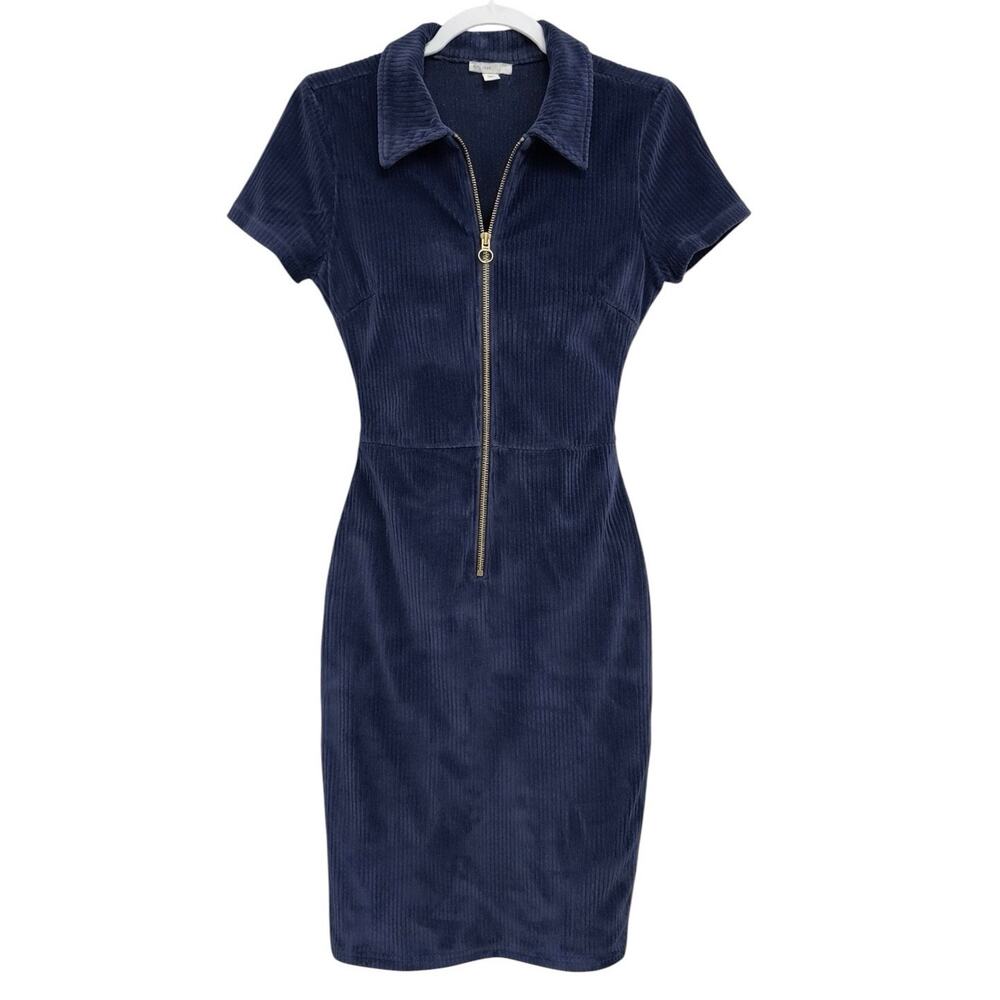 Corduroy Bodycon Dress Blue Zip Front Collared 90s Y2K Soft Stretch Fitted Med
